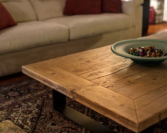 Tavolino da salotto, coffee table in legno di recupero (legno massello) e gambe in acciaio