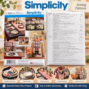 Könnte beinhalten: Simplicity Schnittmuster 1343 für Tischaccessoires, eine Schürze und eine Utensilientasche. Die Verpackung zeigt fertige Projekte wie Platzsets, einen Tischläufer, einen Utensilienkorb und eine Schürze mit detaillierten Stoffangaben.