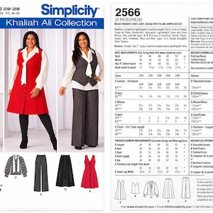 Op de afbeelding: Simplicity naaipatroon 2566 Khaliah Ali Collectie voor maten 20W-28W. Bevat instructies voor een jumper, vest, blouse met das, rok en broek. Inclusief technische illustraties en maattabellen met afmetingen in centimeters.