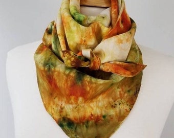 Hand Dyed Square Silk Scarf in colorful fall tones of orange, coppery browns, green & gold