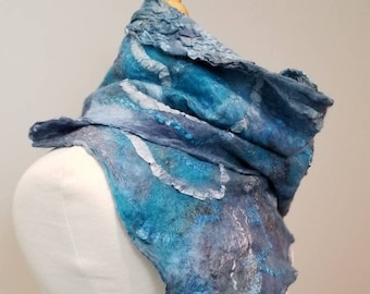 wrap turquoise. Blue Nuno felt shawl for women Handmade silk wool felted scarve aqua