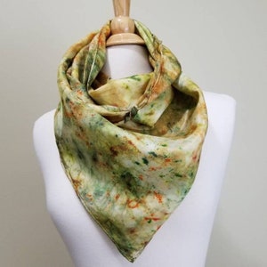 Hand Dyed Square Silk Scarf in tones of greens, yellows, oranges, copper