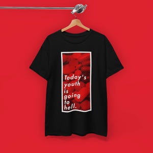 May include: Black t-shirt with the text "Today's youth is going to hell" in a white frame. The frame has a red background with a pattern of red spheres. The shirt is hanging on a wooden hanger.