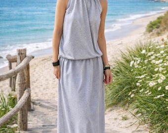 Cotton Maxi Dress with Pockets, Grey Long Summer Dress