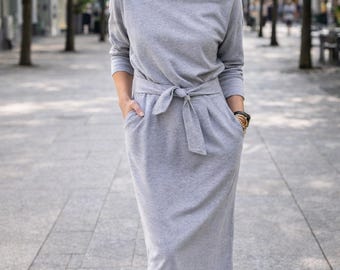 Abito lungo grigio in cotone, a maniche lunghe con tasche, NINA
