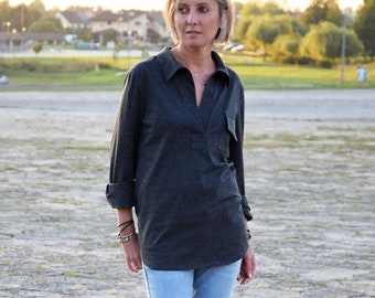 LARISA - 100% cotton blouse with a collar / sleeves with button cuff / vintage top / made in Poland / oversized shirt / graphite