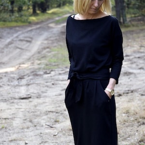 Cotton dress, dress with pockets, long dress, waist belt dress, A dress, black dress, NINA dress