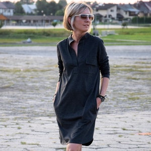 Cotton Mini Dress with Pockets – Casual Crewneck Daywear, Handmade in Poland, SAHARA dress