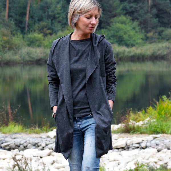 ESLO - antracit - graphite  womens hoodie without clasp / cardigan / 100% cotton / hoodie with hood / with pockets / loose cardigan