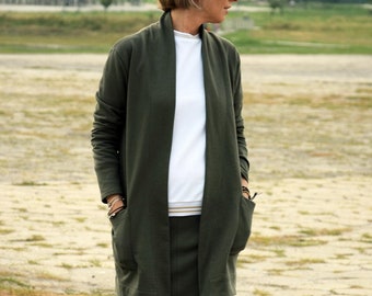 Khaki Baumwoll-Strickjacke, minimalistische Damenjacke mit offener Vorderseite