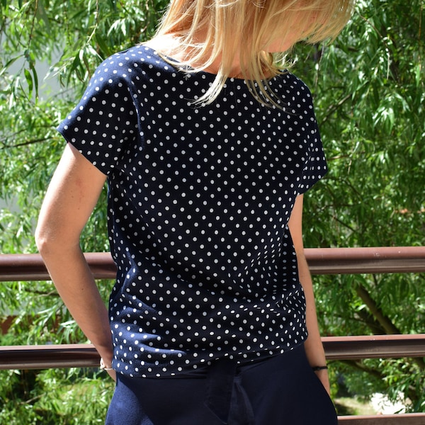 FOCUS - camiseta de mujer de algodón / 100% algodón / camiseta Polka Dot Shirt/ dunkelblauer Punkt / cotton and airy