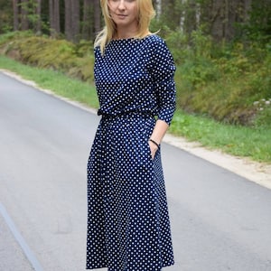 ROSE Midi Baumwollkleid mit Gürtel Polka Dots / Langarm und Taschen / Midi Kleid / made in Poland / Vintage Kleid / handgemachtes Kleid Bild 1