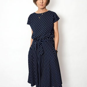 LUCY gepunktetes Kleid Midi Flared Baumwolle Kleid aus Polen / handgemachtes Kleid / 100% Baumwolle Kleid / Vintage Kleid / Sommer / made in Poland Navy blue
