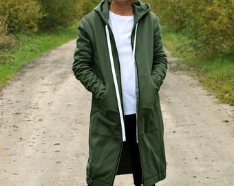 Long zip hoodie, khaki cotton sweatshirt with pockets, JASPER
