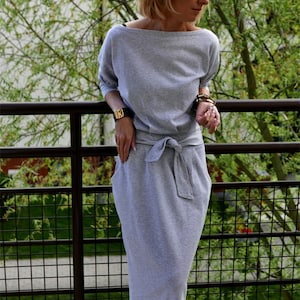 NINA 100% cotton maxi dress with belt /  handmade / Long Sleeves / with pockets / Round Neckline / long dress / elegant dress / Grey dress