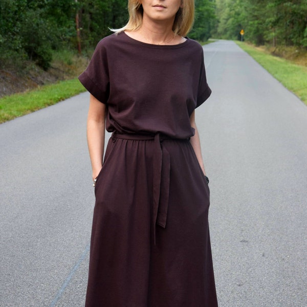 Vestido midi de algodón con cinturón y bolsillos, vestido de manga corta