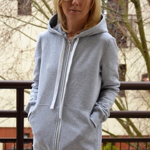 CHLOE Damen Zip-up Kapuzenpullover / Sweatshirt und große kängurutasche / 8 Farben / Langer Hoodie / Metallreißverschluss / Handmade by Sisters Grau