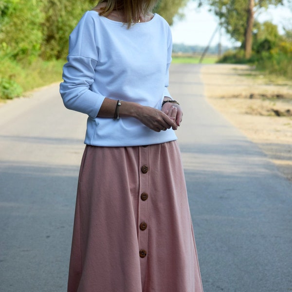 LUPE - Trapezoidal midi skirt with buttons / cotton skirt / autumn skirt / handmade skirt / dirty pink skirt / made in Poland