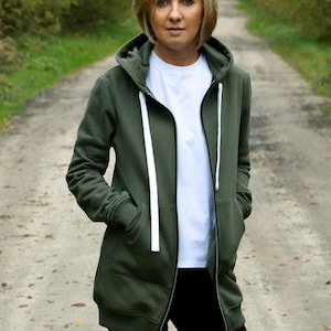 Khaki Zip Up Hoodie for Women, Long Hooded Sweatshirt, Casual Cotton Jacket with Pockets,