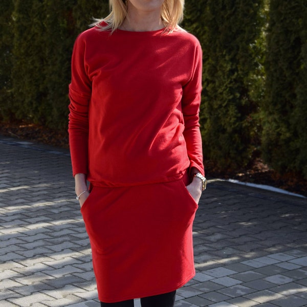 Rotes Mini-Baumwollkleid MESA - mit langen Ärmeln und Taschen / schlichtes Kleid / 7 Farben / klassisches Kleid / für jede Frau - made by Sisters