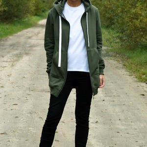 Kaki katoenen hoodie, sweater met zakken en ritssluiting