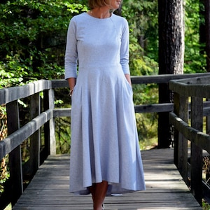 Gray Midi Dress with Pockets, Casual Cotton Dress, size XS-XXL, ROBIN dress