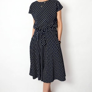 Abito midi in cotone, abito a maniche corte a pois con tasche, LUCY