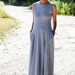 Light Grey Cotton Midi Dress with Pockets, Sleeveless Casual Everyday Dress
