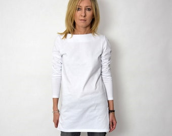 White Cotton Long Sleeve Tunic Top, Minimalist Blouse, XS-XXL, AMBER blouse