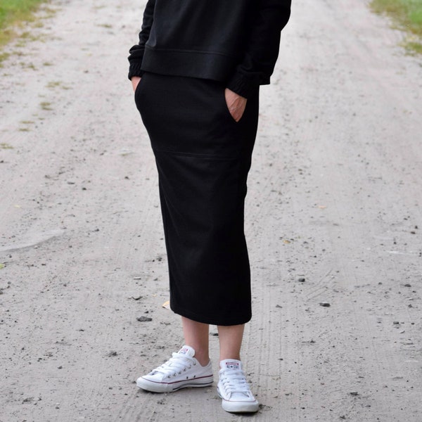 ALEX - pencil midi cotton skirt / fall skirt / long skirt / skirt pockets / black skirt / made in Poland by Sisters