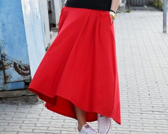 Falda de algodón de cintura alta: estilo roma plisada con bolsillos