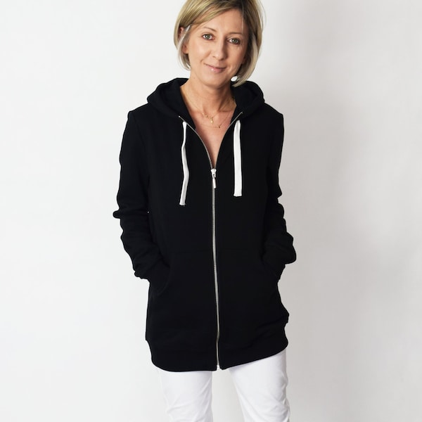 CHLOE - women's zip-up hoodie / sweatshirt and large kangaroo pocket / 8 colours / Long hoodie / tunic hoodie / Handmade Sisters / black