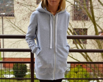 CHLOE - women's zip-up hoodie / sweatshirt and large kangaroo pocket / 5 colours / Long hoodie / tunic hoodie / Handmade Sisters