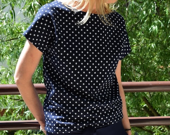 FOCUS - Baumwoll Damen T-Shirt / 100% Baumwolle / Polka Dot Shirt T-Shirt/ dunkelblauer Punkt / Baumwolle und luftig