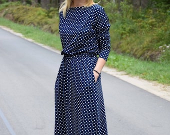 ROSE - Midi Baumwollkleid mit Gürtel - Polka Dots / Langarm und Taschen / Midi Kleid / made in Poland / Vintage Kleid / handgemachtes Kleid