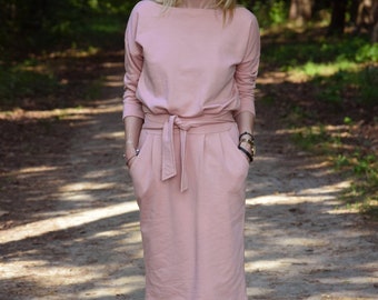 KIKA - Robe midi 100 % coton / robe d'automne / robe longueur au genou / couleur rose sale / robe simple / poches / robe nouée / robe faite main