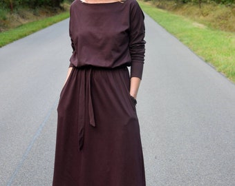 ROSE - 100% Baumwollkleid mit Gürtel - Schokoladenfarbe / Langarm und Taschen / Midi Kleid / lässiges Kleid / Vintage Kleid / handgemachtes Kleid
