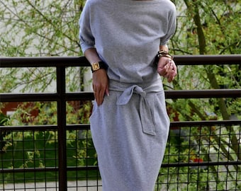 NINA 100% cotton maxi dress with belt /  handmade / Long Sleeves / with pockets / Round Neckline / long dress / elegant dress / Grey dress