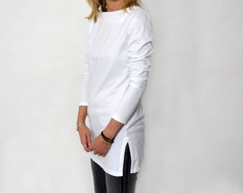 AMBER - Blusa 100% algodón con recortes en los laterales - blanco / hecho en Polonia / blusa y túnica / hecho a mano