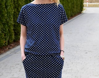 IRON - cotton dress with short sleeves - navy blue in polka dots / 100% cotton / with pockets / mini dress / navy blue