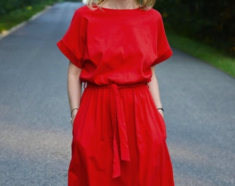 MANILA - 100% Baumwolle Midikleid - rot / Partykleid / Sommerkleid / Kleid für den Herbst / lockeres Kleid / Vintage Kleid / handgemachtes Polen