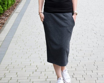 100% cotton pencil skirt - LUMO - made in Poland / with 5cm elastic waist  and pockets / midi skirt / handmade / check other colors