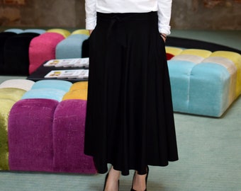 KLAUDIA - black cotton skirt from the wheel 7/8 skirt with a bow / summer - spring skirt / long skirt /  full skirt / with pockets