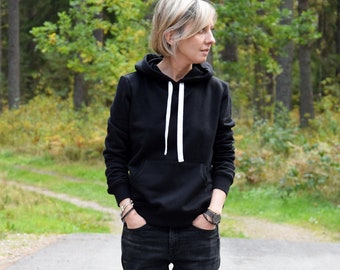 GAJA - Damen Kapuzenpullover / Sweatshirt und große kängurutasche / 5 Farben / Handmade by Sisters / dunkler Hoodie / schwarz