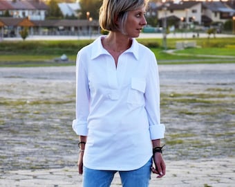 Katoenen blouse met zak: knoopmanchet, wit overhemd