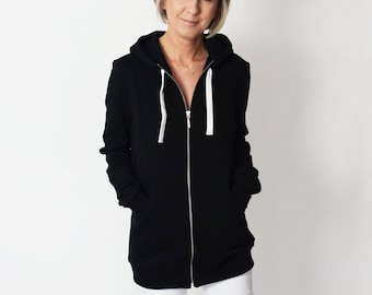 CHLOE - women's zip-up hoodie / sweatshirt and large kangaroo pocket / 8 colours / Long hoodie / tunic hoodie / Handmade Sisters / black