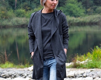 ESLO - antracit - grafiet dames hoodie zonder sluiting / vest / 100% katoen / hoodie met capuchon / met zakken / los vest