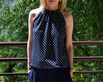ATENA - Tied cotton tshirt / made in Poland / sleeveless top / loose top / vintage top / summer top / top in polka dots