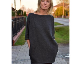 Cotton Mini Dress – Loose Tunic Mini Dress with Pockets, Casual Daywear, Handmade in Poland, MOON Dress
