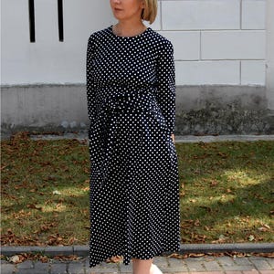 Polka Dot Cotton Midi dress, Belted Casual Dress with Pockets, ERICA